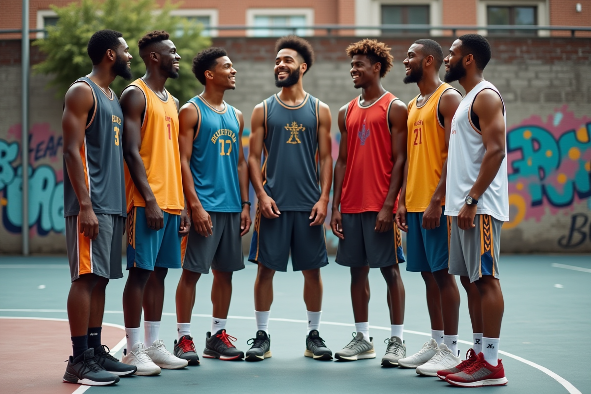 Groupe de jeunes basketteurs dans une cour urbaine