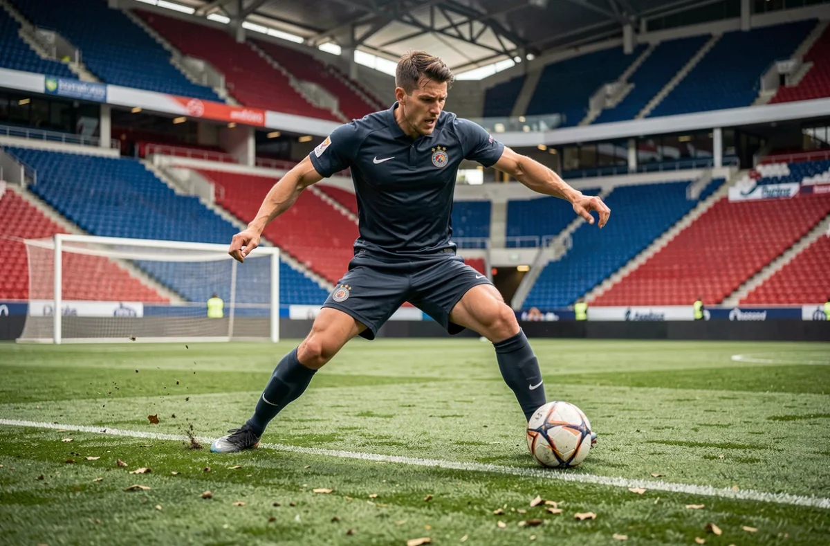 Joueur de football en action défensive dans un grand stade européen lors d'un match, interception dynamique au sol