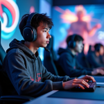 Jeune homme concentré en compétition d'esports avec équipement moderne