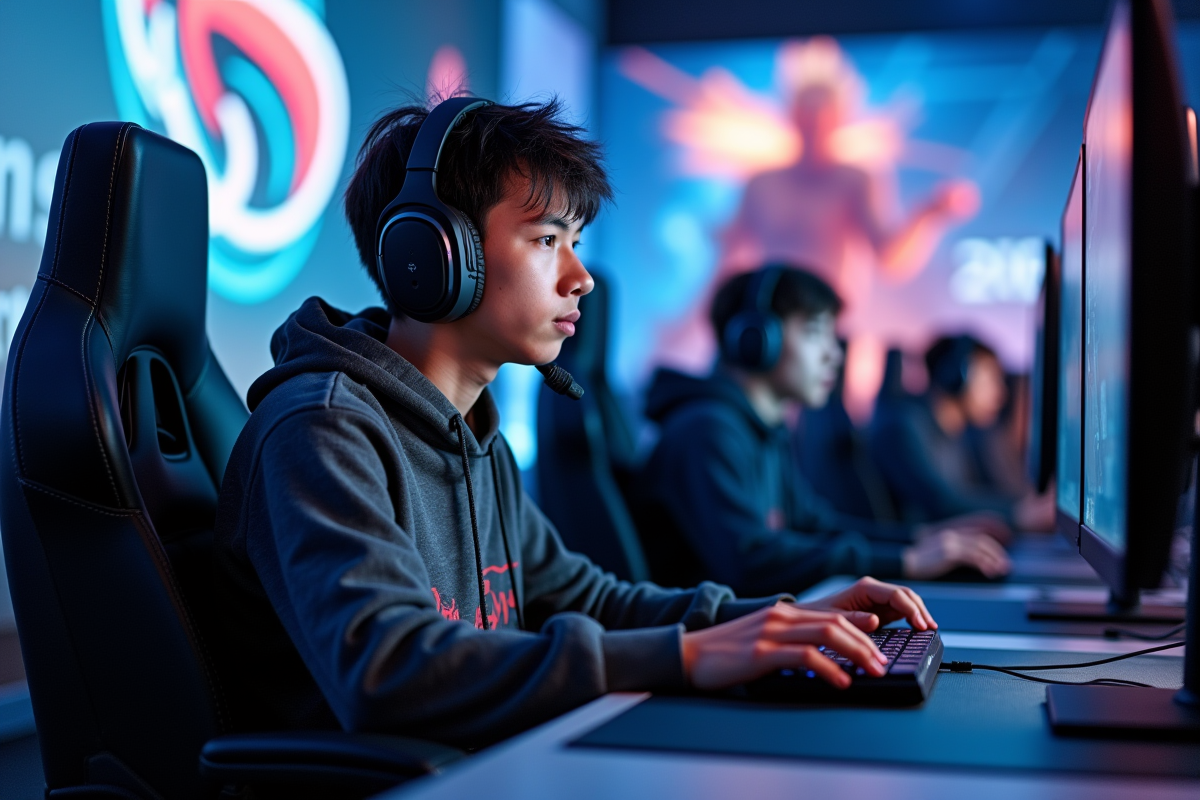 Jeune homme concentré en compétition d'esports avec équipement moderne