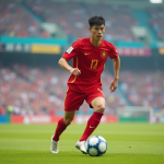Jeune joueur chinois dribble un ballon sur le terrain de football