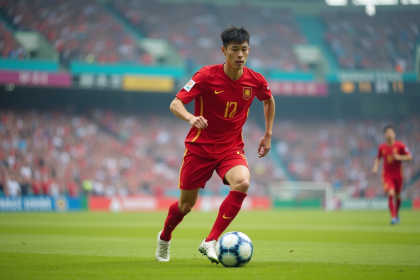 Jeune joueur chinois dribble un ballon sur le terrain de football