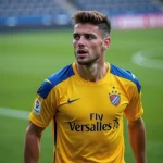 Joueur du Football Club Versailles 78 en tenue officielle jaune et bleue sur le terrain lors de la saison 2026