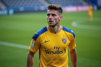 Joueur du Football Club Versailles 78 en tenue officielle jaune et bleue sur le terrain lors de la saison 2026