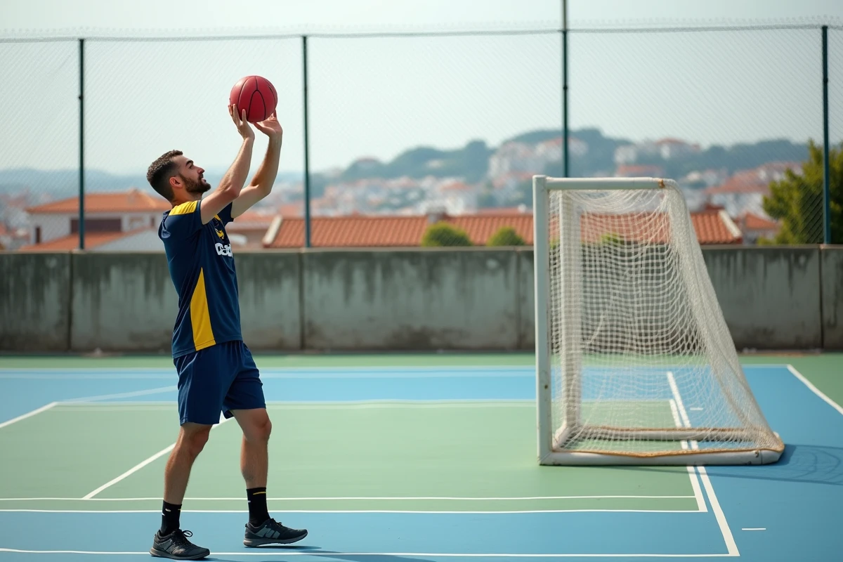 Joueur de handball adulte s'entraînant seul sur un terrain extérieur près de Porto avec vue sur les toits portugais
