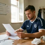 Joueur de football du National 2 examinant un contrat salarial dans un bureau de club amateur