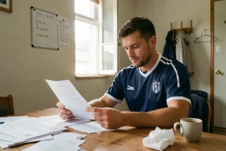 Joueur de football du National 2 examinant un contrat salarial dans un bureau de club amateur
