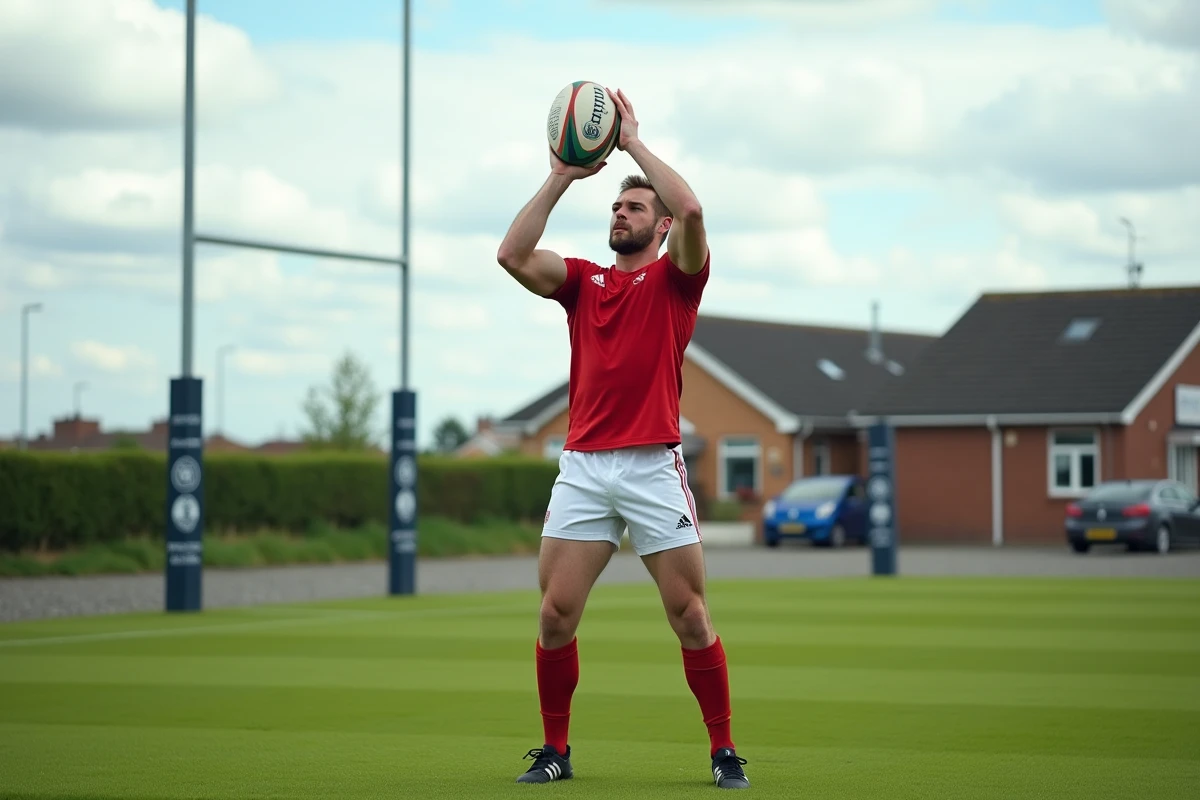 Joueur de rugby s'entraînant à la touche dans un club de Fédérale 3 visant la promotion en Fédérale 2