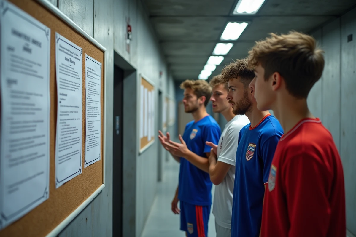 Joueurs amateurs consultant les annonces officielles du district FFF Calvados dans un complexe sportif