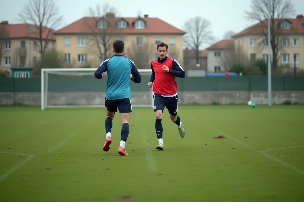 Joueurs amateurs s'entraînant sur un terrain de football de quartier à Lyon