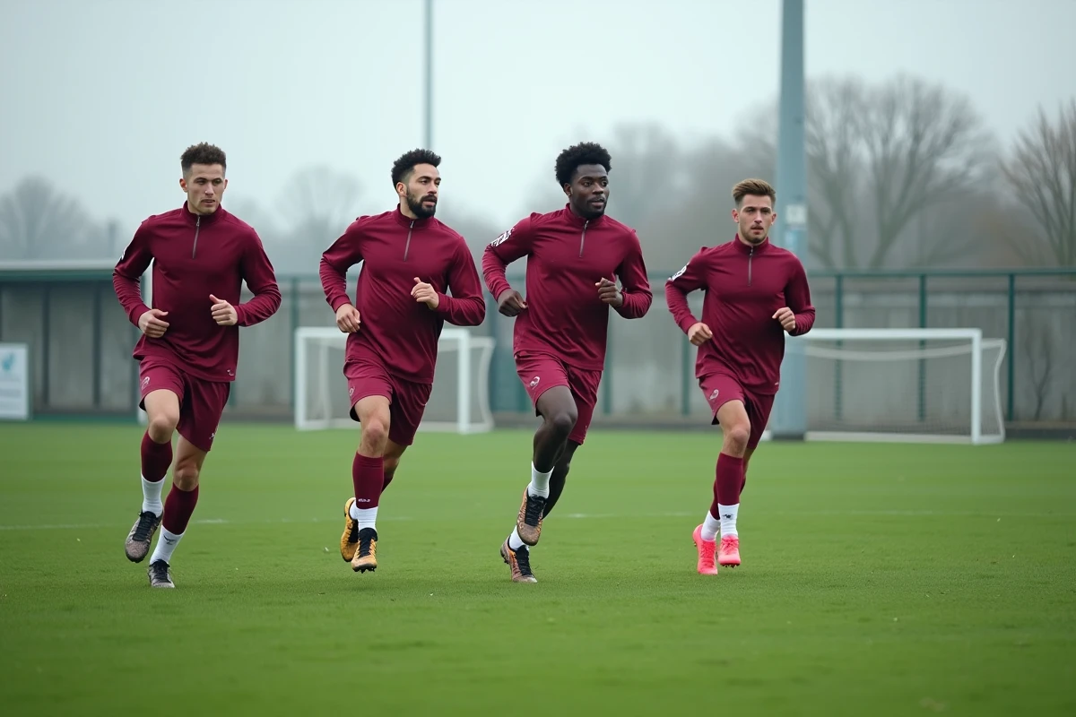 Joueurs d'un club de Ligue 1 à budget modeste à l'entraînement sur un terrain d'herbe avec des tribunes simples en arrière-plan