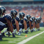 Groupe de joueurs NFL en position de départ sur le terrain