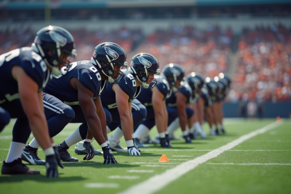 Groupe de joueurs NFL en position de départ sur le terrain