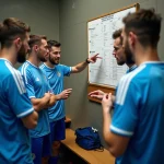 Joueurs de football amateur discutant du calendrier de la Fédérale 2 Poule 4 dans un vestiaire de club régional