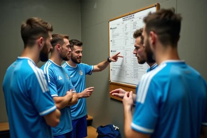 Joueurs de football amateur discutant du calendrier de la Fédérale 2 Poule 4 dans un vestiaire de club régional