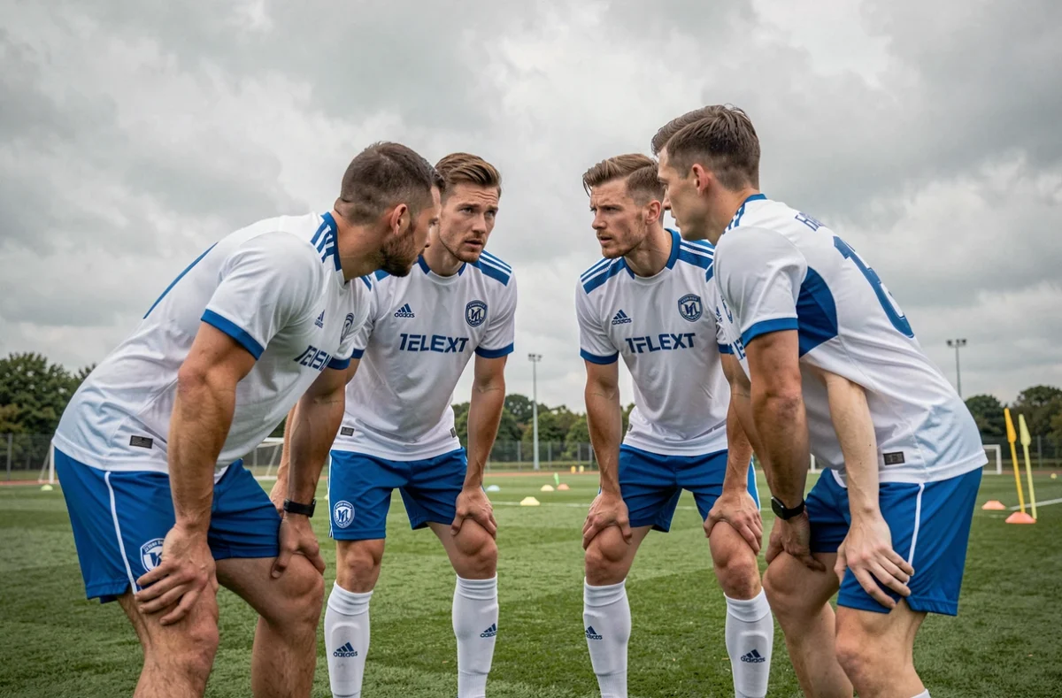 Joueurs de football professionnels en discussion tactique lors d'un entraînement sur le terrain