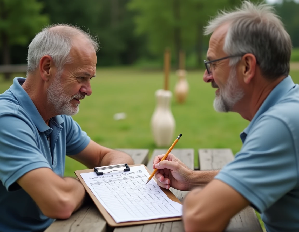 Deux joueurs de Mölkky consultant une feuille de score manuscrite à une table en bois pendant une partie