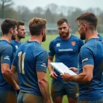 Joueurs de rugby fédérale 3 réunis autour de leur entraîneur sur le bord du terrain lors d'une pause de match