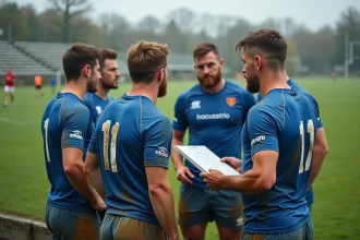 Joueurs de rugby fédérale 3 réunis autour de leur entraîneur sur le bord du terrain lors d'une pause de match