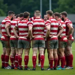 Joueurs de rugby en Fédérale 2 formant un cercle avant le match sur un terrain municipal, illustrant les enjeux de la montée en Nationale 2