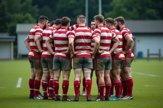 Joueurs de rugby en Fédérale 2 formant un cercle avant le match sur un terrain municipal, illustrant les enjeux de la montée en Nationale 2