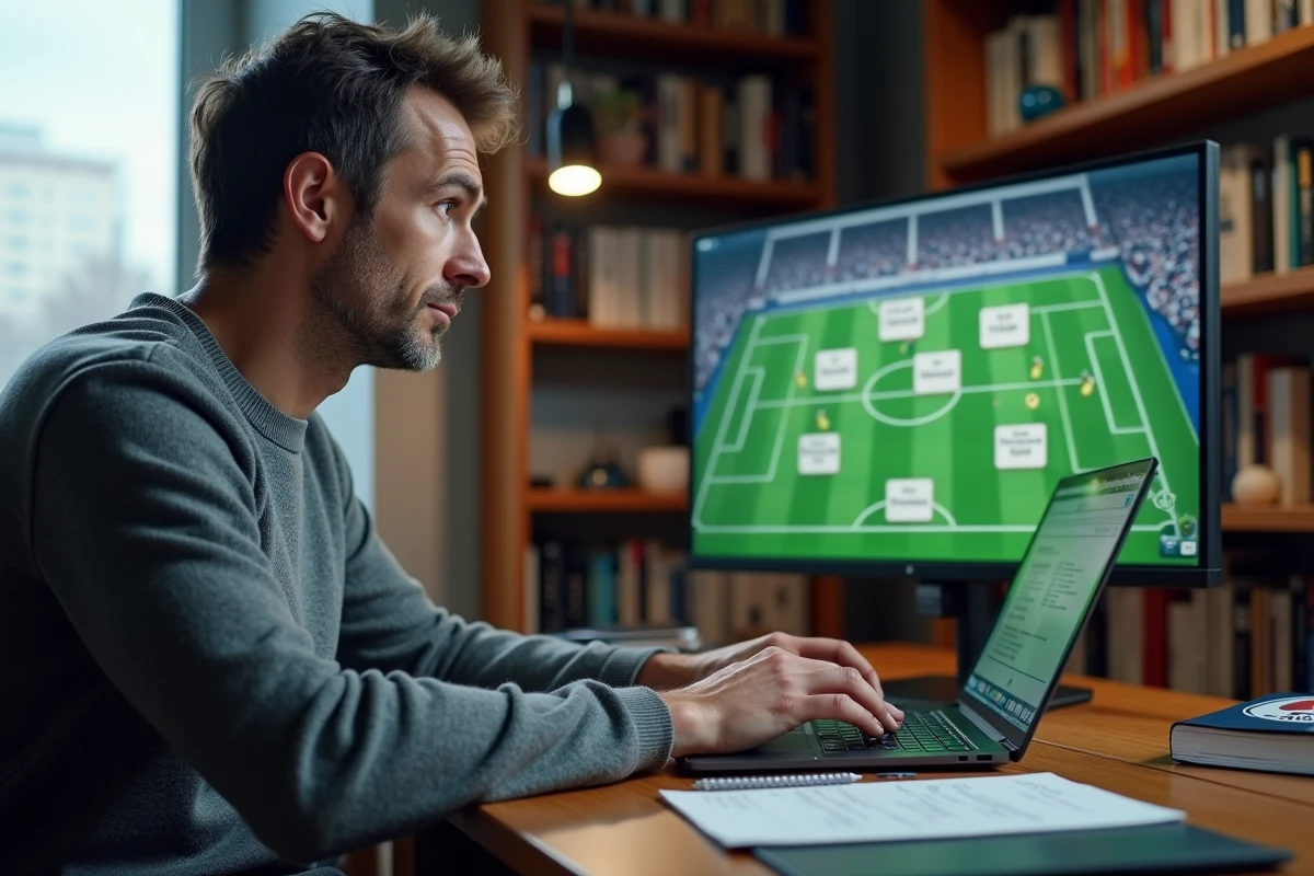 Journaliste sportif analysant la composition du PSG sur ordinateur dans un bureau à domicile