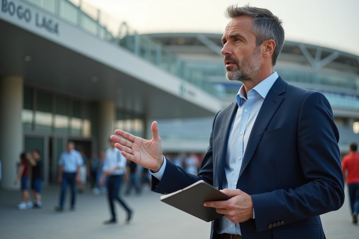 Journaliste en costume dans un stade en pleine interview