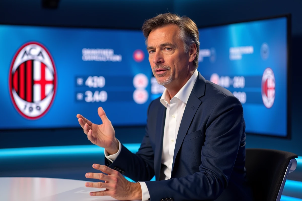 Journaliste sportif en studio de télévision analysant les comparaisons historiques de l'Inter Milan en Ligue des Champions avec des graphiques à l'écran