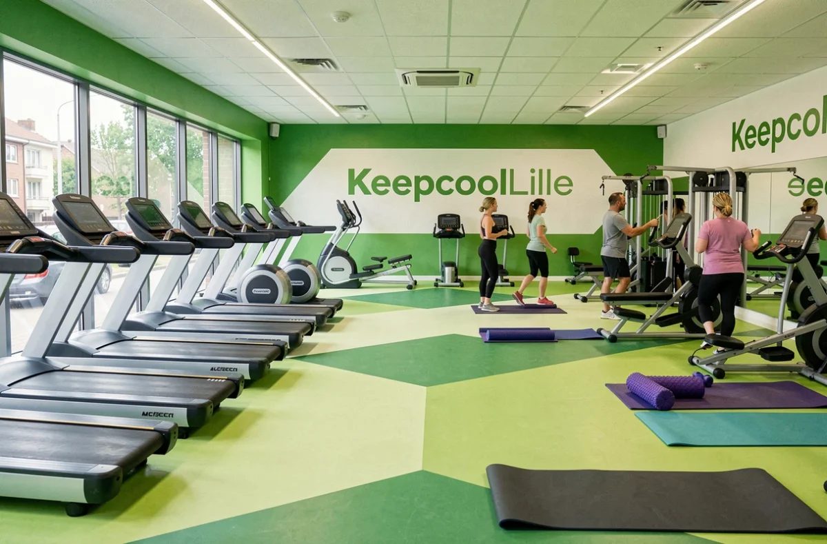 Salle Keepcool Lille avec machines cardio modernes, accents verts de la marque et membres décontractés