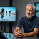 Ancien champion cycliste en interview télévisée dans un studio moderne, expression grave et réflexive, évoquant une confession médiatique