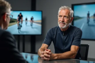 Ancien champion cycliste en interview télévisée dans un studio moderne, expression grave et réflexive, évoquant une confession médiatique