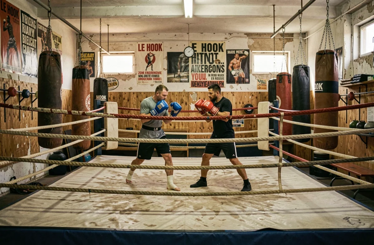 Salle de boxe Le Hook avec ring central, sacs de frappe et boxeurs en entraînement