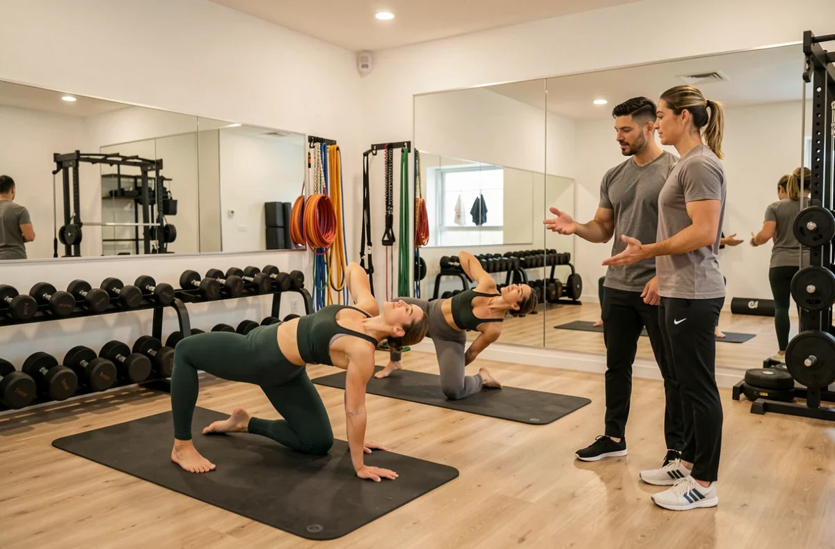 Studio fitness Le Square avec décoration épurée, miroirs et séance d'entraînement personnalisé