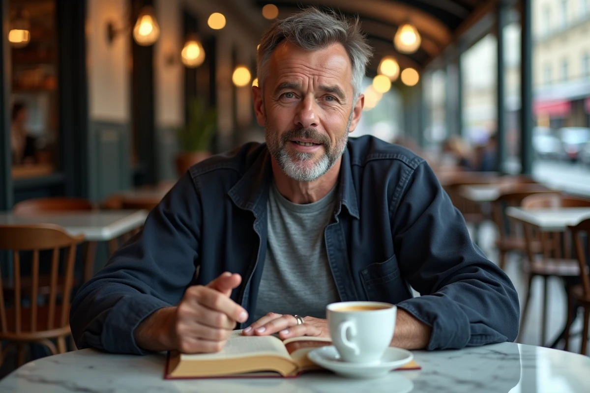 Un lecteur masculin discutant de son avis sur un livre dans un café parisien, avec un roman posé sur la table devant lui
