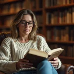 Une lectrice régulière tenant un roman en feuilletant ses pages dans une bibliothèque personnelle chaleureuse, exprimant un avis critique et réfléchi