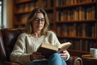 Une lectrice régulière tenant un roman en feuilletant ses pages dans une bibliothèque personnelle chaleureuse, exprimant un avis critique et réfléchi