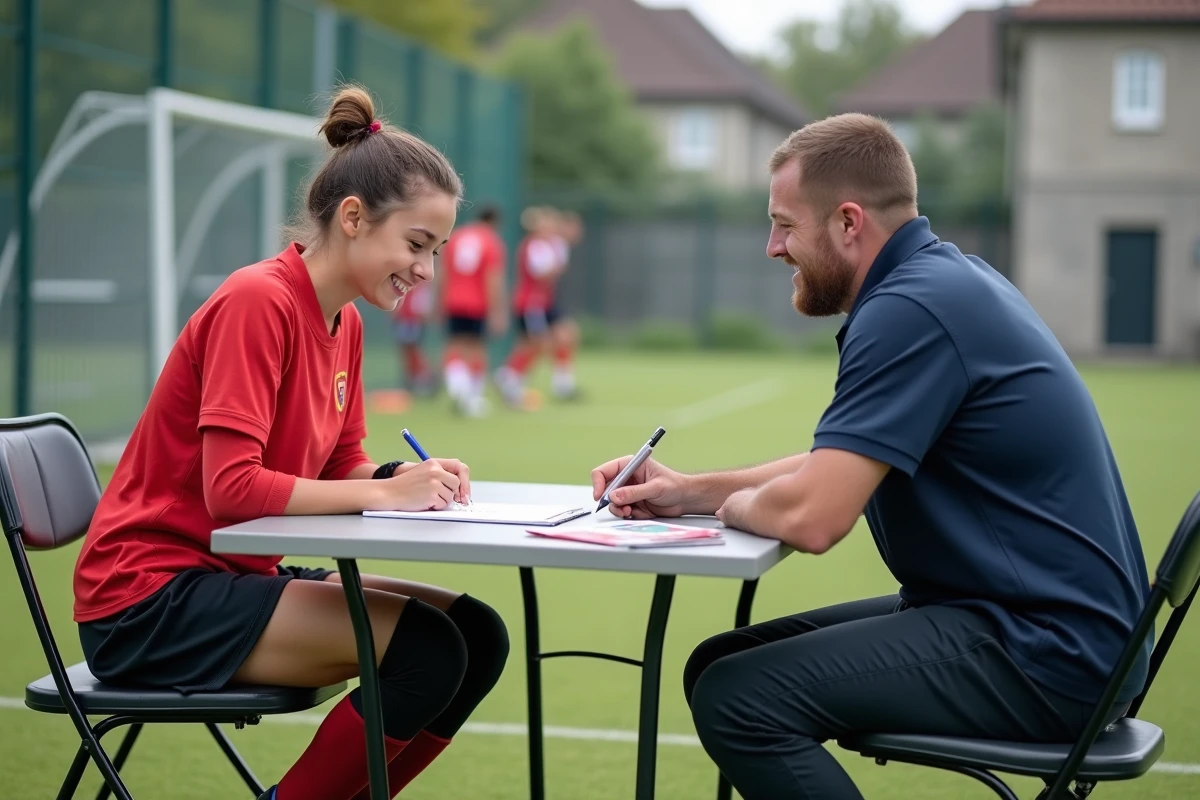 Joueuse de football féminin signant une licence dans un club de l'Essonne en 2026