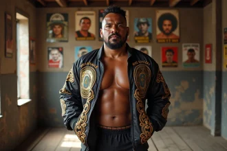 Lutteur samoan confiant dans un gym historique