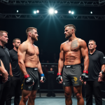 Deux lutteurs mma en pesée sur scène avec officiels