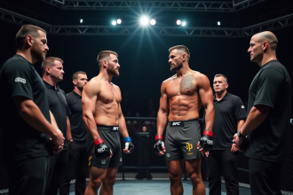 Deux lutteurs mma en pesée sur scène avec officiels