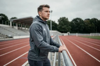 Jeune athlète masculin concentré sur une piste d'athlétisme, regard tourné vers l'avenir, illustrant les ambitions sportives de Marius Houen-Farcy en 2026