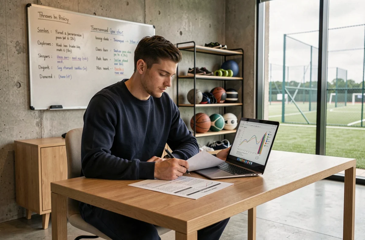 Athlète masculin analysant son plan d'entraînement dans un bureau sportif moderne, représentant la préparation stratégique et les objectifs de Marius Houen-Farcy pour 2026