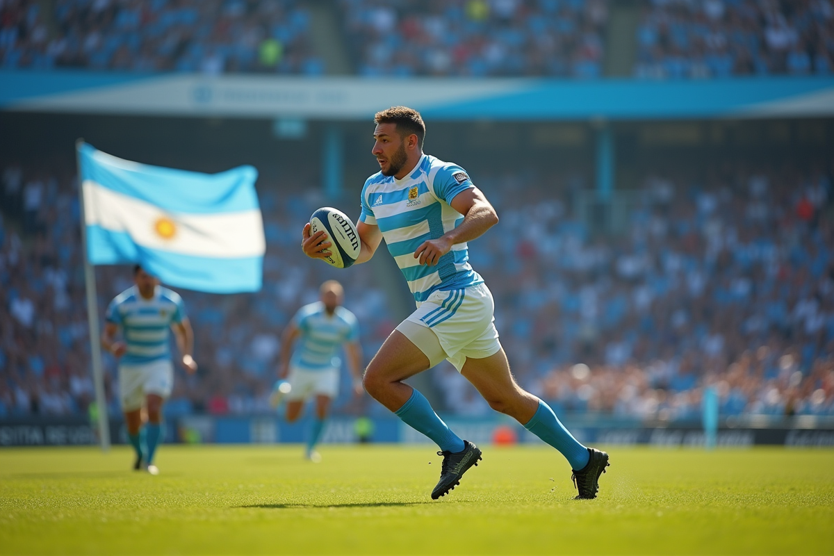 Joueur de rugby argentin en action lors d'un match intense