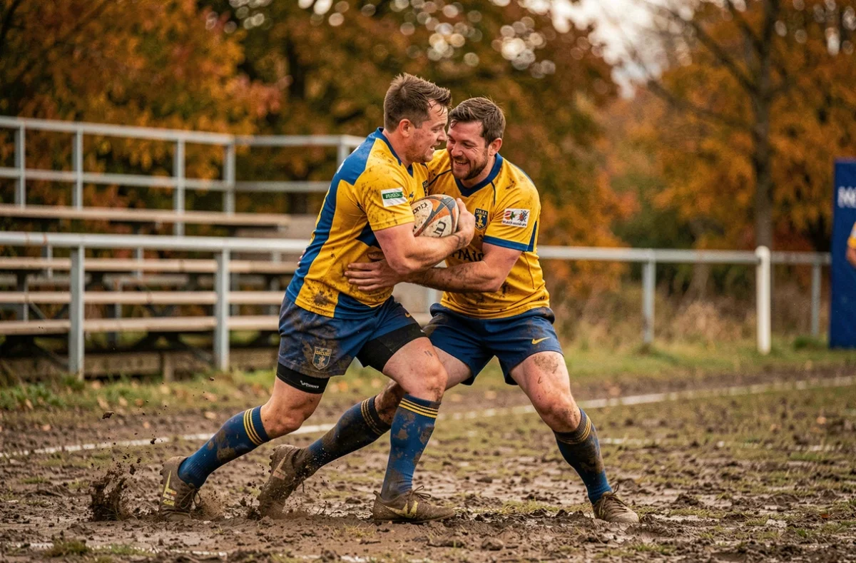 Match de rugby amateur en régionale avec un plaquage puissant sur un terrain boueux en province