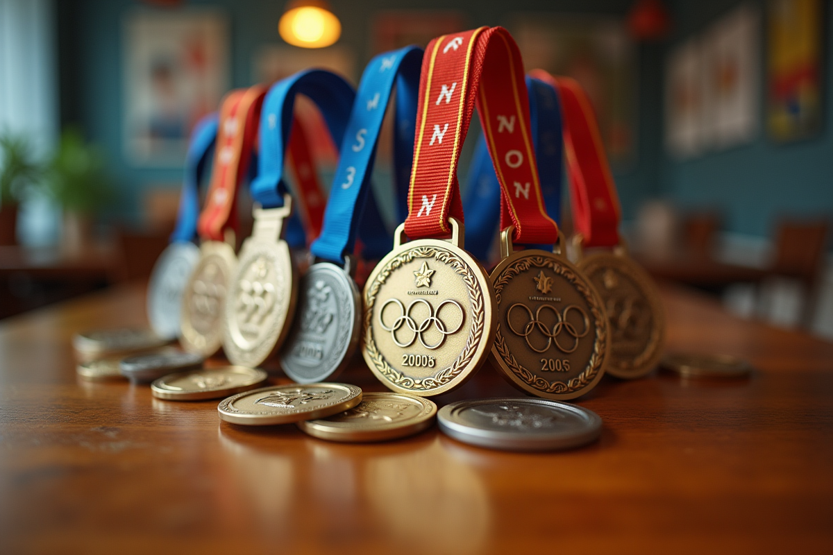 Collection de médailles olympiques sur une table en bois