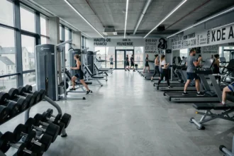 Vue panoramique d'une salle de musculation moderne dans les Hauts-de-France avec équipements complets et plusieurs pratiquants