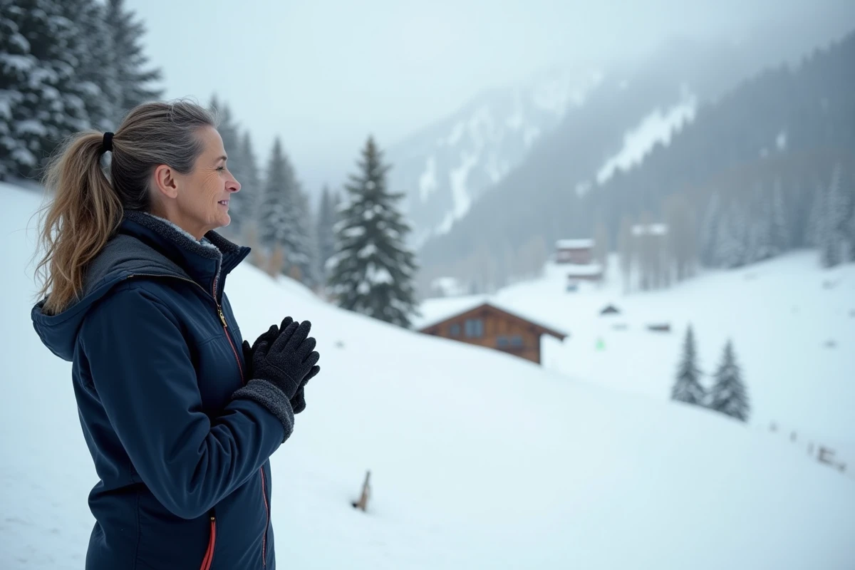 Mère fière au bord d'une piste de ski alpine observant son enfant athlète dévaler la montagne en hiver