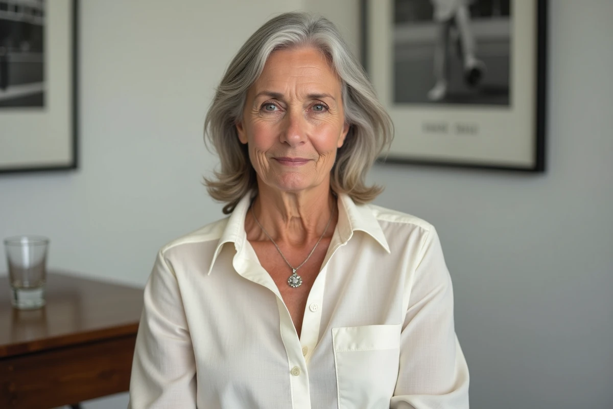 Portrait éditorial d'une mère accordant une interview dans une salle de presse sobre, rayonnant de fierté maternelle discrète
