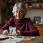 Portrait émouvant d'une mère tenant une photo de son fils champion de ski, assise dans une cuisine chaleureuse