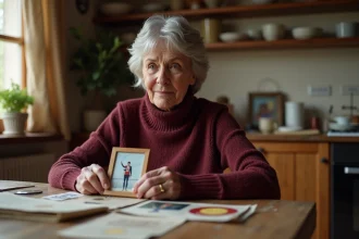 Portrait émouvant d'une mère tenant une photo de son fils champion de ski, assise dans une cuisine chaleureuse
